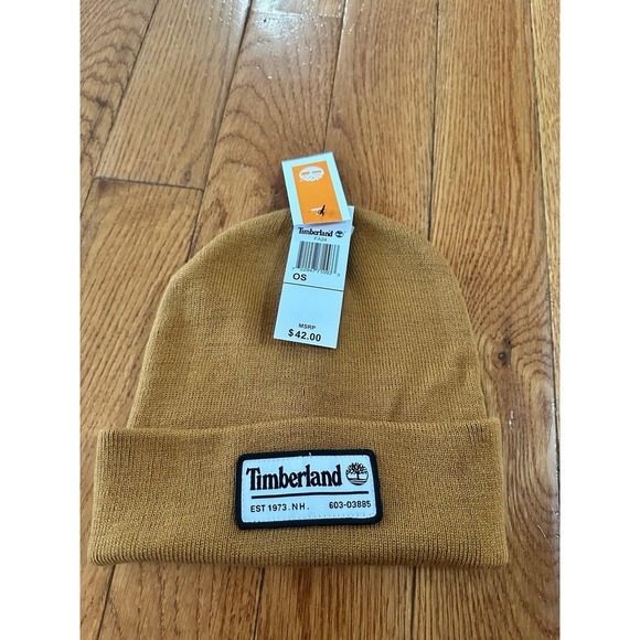 New Timberland Men's Woven Label Knit Beanie Winter Solid Wheat Brown retail $42 - Picture 5 of 5